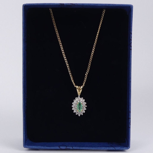 7 - Fine 9ct gold emerald and diamond pendant and chain, 2.9 grams, pendant 18mm, chain 42cm.