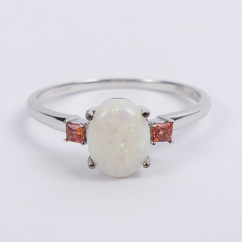 88 - 9ct white gold, opal and orange sapphire ring, 1.6 grams, 8.1mm, size R 1/2.