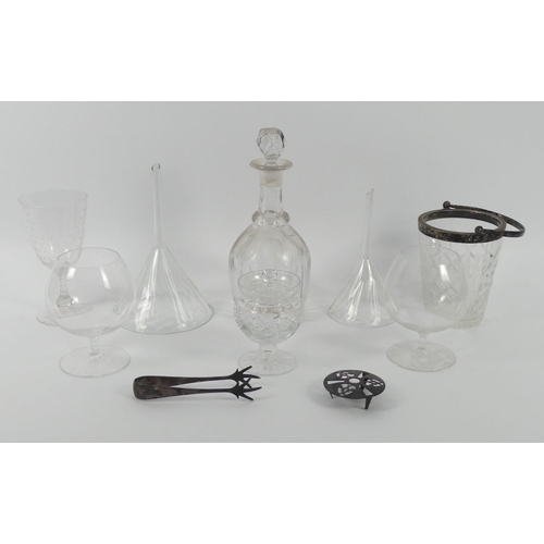 362 - Victorian and later glassware, including glass funnels, a decanter, ice bucket and glasses, highest ... 