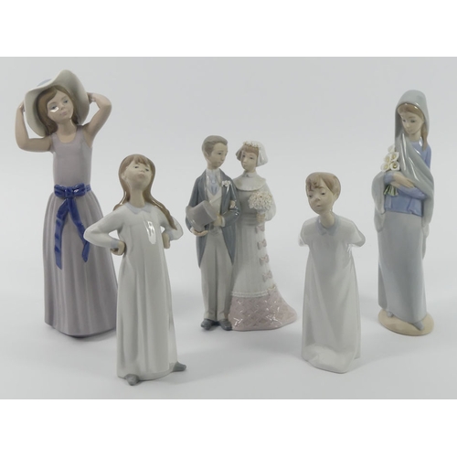 367 - Five LLadro figures, including 4908 'Bride and Groom', 5011 'Coy Girl', 4650 'Girl with Flowers', hi... 