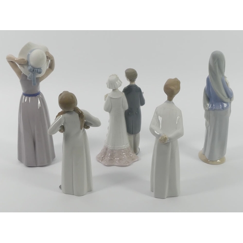 367 - Five LLadro figures, including 4908 'Bride and Groom', 5011 'Coy Girl', 4650 'Girl with Flowers', hi... 