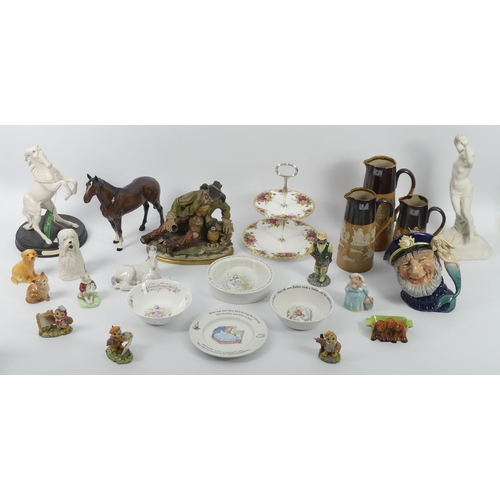 369 - Various ceramics, including a Beswick horse, a Doulton horse, Royal Albert Country Roses cake stand,... 