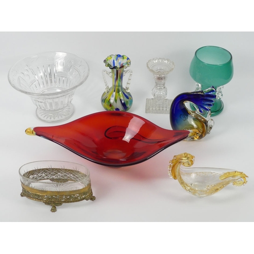 373 - Glassware, including a studio glass fruit bowl, lead crystal fruit bowl, goblet and vases and a Mura... 