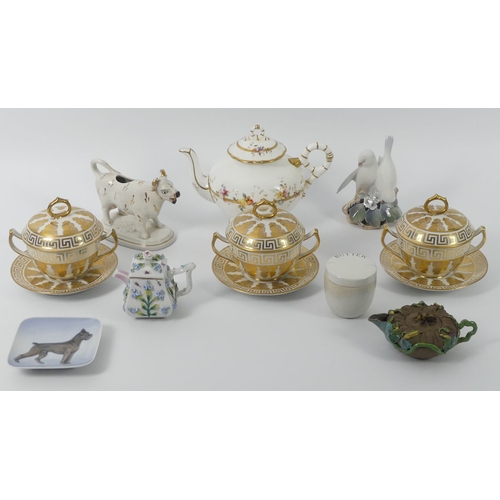 374 - 19th century and later ceramics, including a Coalport teapot, cow creamer, three lidded chocolate cu... 