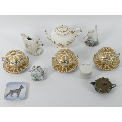 374 - 19th century and later ceramics, including a Coalport teapot, cow creamer, three lidded chocolate cu... 