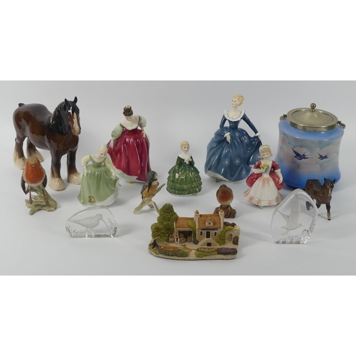 389B - Various ceramics and glassware, including five Royal Doulton, figurines, a Beswick Shire Horse, Goeb... 