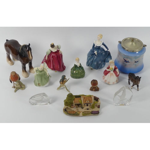 389B - Various ceramics and glassware, including five Royal Doulton, figurines, a Beswick Shire Horse, Goeb... 