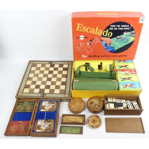 393A - Victorian mahogany cased Bezique game, Chad Valley Escaldo, a wooden spinning toy game and other gam... 