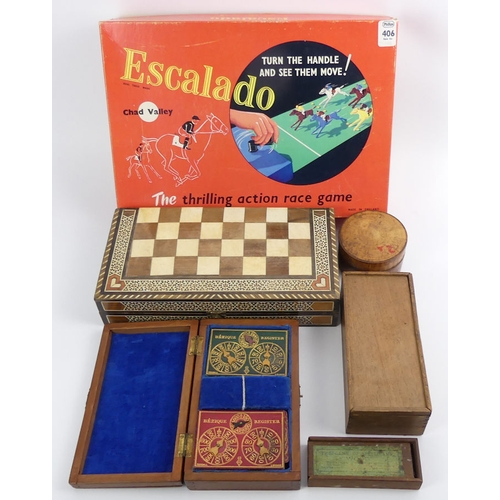 393A - Victorian mahogany cased Bezique game, Chad Valley Escaldo, a wooden spinning toy game and other gam... 