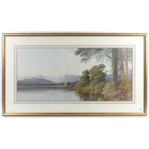 477 - Joshua Renshaw (British 19th century) watercolour, panoramic lake landscape with and angler in a boa... 