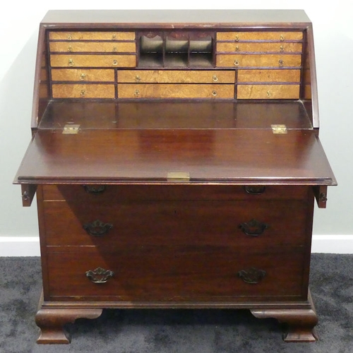 485 - Early 20th century mahogany bureau with fitted interior, made by a retired soldier in 1920 according... 