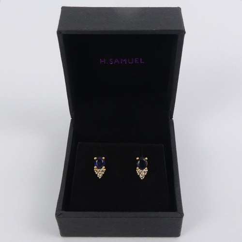 1 - A pair of 18ct gold, sapphire and diamond earrings, 1.7 grams, 8.6mm x 4.4mm.