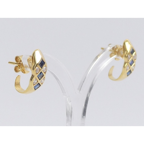 10 - A pair of 14ct gold, sapphire and diamond earrings, 3.5 grams, 15.8mm x 6.7mm