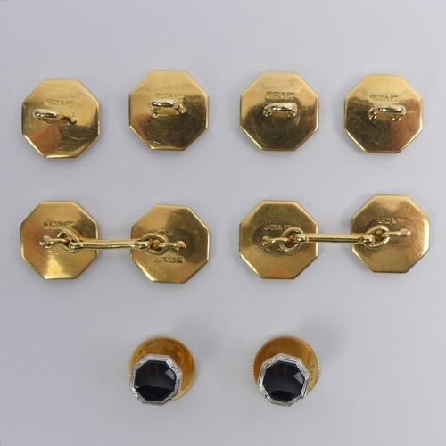 17 - A set of 18ct gold and platinum black onyx cufflinks, buttons and studs in a plush lined fitted box,... 