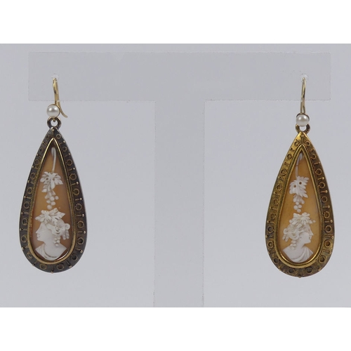 19 - A pair of Victorian gold mounted shell cameo earrings, 7.2 grams, 47mm x 16.6mm.