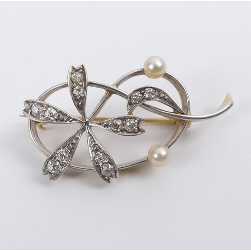 23 - 18ct gold and platinum (tested) diamond and pearl (un-tested) floral design brooch, 5.5 grams, 34mm ... 