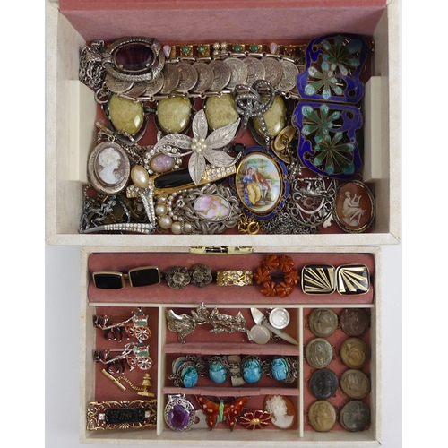 24 - A jewellery box and contents, including a silver cameo locket pendant and chain and a scarab bracele... 