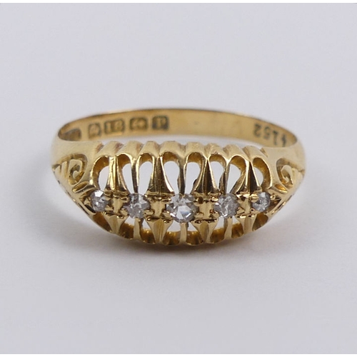 31 - A George V 18ct gold five stone diamond ring, Birmingham 1914, 2.4 grams, 7.3mm, size O 1/2.