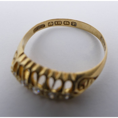 31 - A George V 18ct gold five stone diamond ring, Birmingham 1914, 2.4 grams, 7.3mm, size O 1/2.