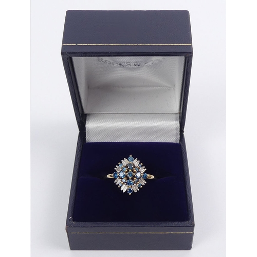 38 - 9ct gold, fancy blue and white diamond ring, 2.1 grams, size P 1/2.