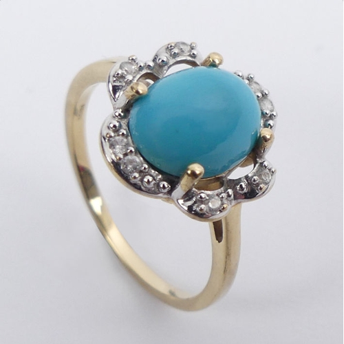 39 - 9ct gold, turquoise and white topaz ring, 2.8 grams, 13.8mm, size P 1/2.