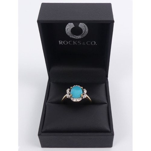 39 - 9ct gold, turquoise and white topaz ring, 2.8 grams, 13.8mm, size P 1/2.