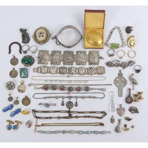 4 - A box of mixed costume jewellery, including a silver and marcasite bracelet and Italian millefiori i... 