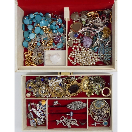 48 - A jewellery box and contents, including brooches, necklaces and earrings, some silver.