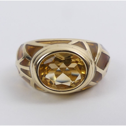 7 - 10ct gold, citrine and plique de jour ring, 6.4 grams, 12.9mm, size P.