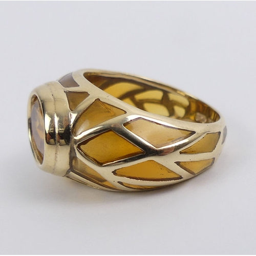 7 - 10ct gold, citrine and plique de jour ring, 6.4 grams, 12.9mm, size P.