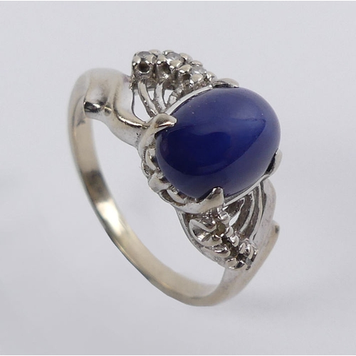 8 - 14ct white gold, star sapphire and diamond ring, 3.9 grams, 9.5mm, size O 1/2.