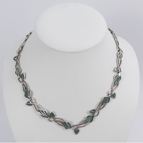 50D - Sterling silver and green enamel Art Nouveau design necklace, 45cm x 37.8mm.