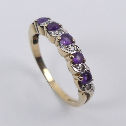 52 - 9ct gold, amethyst and diamond ring, 1.9 grams, 3.65mm, size M.