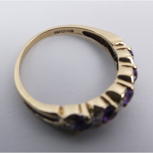 52 - 9ct gold, amethyst and diamond ring, 1.9 grams, 3.65mm, size M.