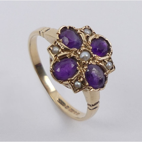 56 - 9ct gold, amethyst and seed pearl ring, London 1986, 1.7 grams, 11.2mm, size J 1/2.