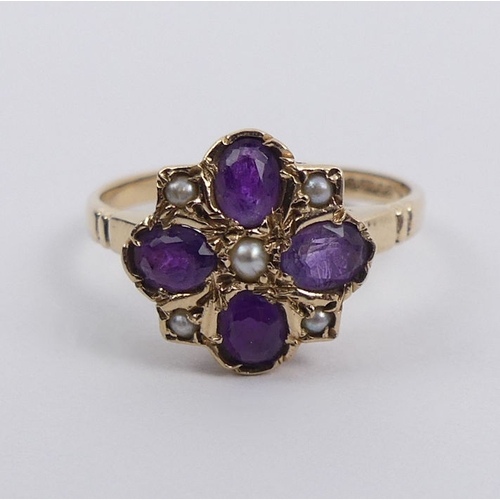 56 - 9ct gold, amethyst and seed pearl ring, London 1986, 1.7 grams, 11.2mm, size J 1/2.