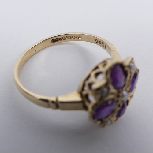 56 - 9ct gold, amethyst and seed pearl ring, London 1986, 1.7 grams, 11.2mm, size J 1/2.