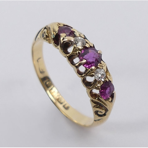 10B - Edwardian 18ct gold, ruby and diamond ring, Birm.1905, 2.9 grams, 4.5mm, size L 1/2.