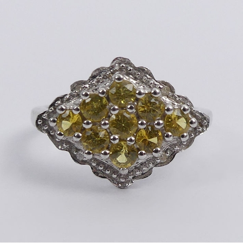 10E - Sterling silver, yellow sapphire and diamond ring, 2.8 grams, 12.8mm, size N1/2.