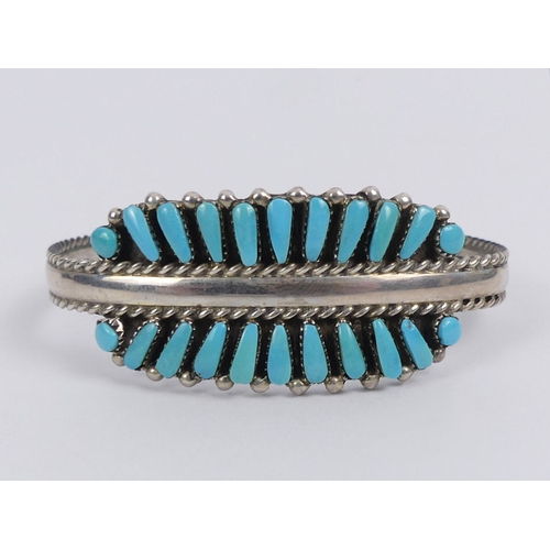 13 - Native American silver (tested) and turquoise, Je Zuni signed cuff bangle, 20 grams, 23 mm.