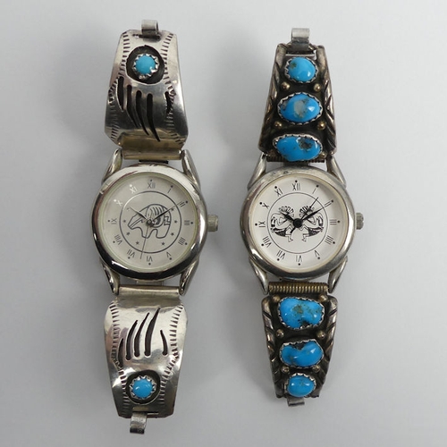 14 - Two Native American silver and turquoise strap watches, 25mm.