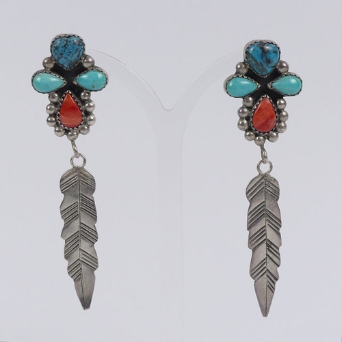 15 - A pair of Native American sterling silver turquoise and agate earrings, signed LL, 11.7 grams, 70mm.