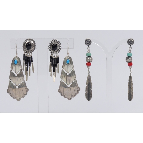 19 - Three pairs of silver Native American, turquoise and coral earrings, a silver and turquoise pair and... 