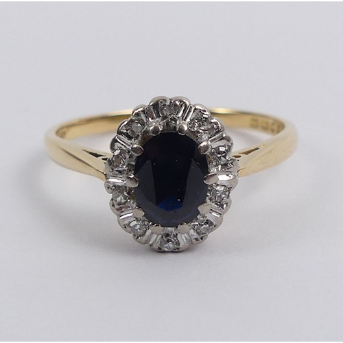 20B - 18ct gold sapphire and diamond cluster ring, 2.9 grams, 9.6mm, size N 1/2.