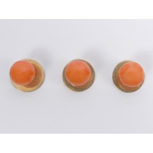 36 - Three Victorian yellow metal and coral studs in the original box, 4.7 grams, 10.8m diameter.