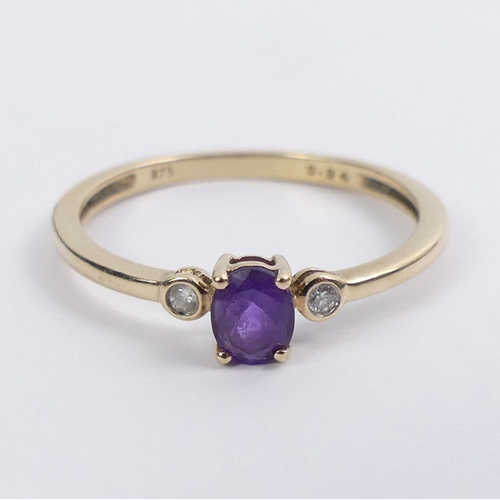 40 - 9ct gold, amethyst and diamond ring, 1.4 grams, 5mm, size P 1/2.