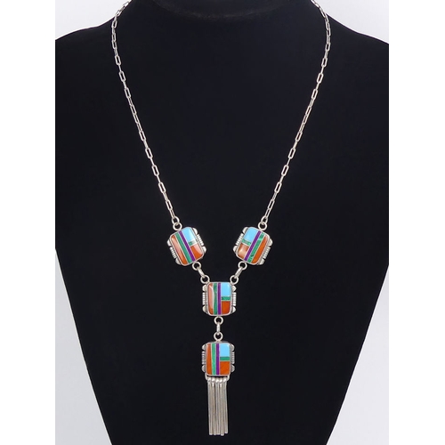 46 - Native American sterling silver multi-coloured stone set necklace, 20.4 grams, 49cm.