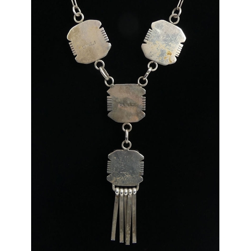 46 - Native American sterling silver multi-coloured stone set necklace, 20.4 grams, 49cm.