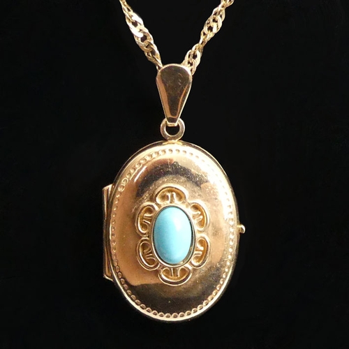 48 - 9ct gold and turquoise locket pendant and chain, 3.7 grams, locket 29mm x 15mm, chain 42cm.