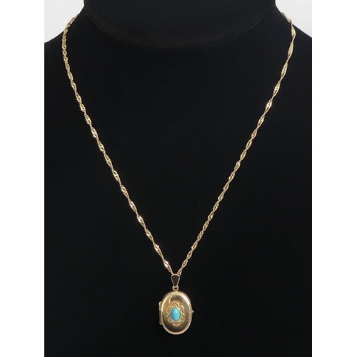 48 - 9ct gold and turquoise locket pendant and chain, 3.7 grams, locket 29mm x 15mm, chain 42cm.